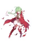  1girl ahoge boots braid brown_gloves cape dress fire_emblem fire_emblem:_kakusei fire_emblem_heroes fur_trim gloves green_hair highres long_hair mamkute nn_(fire_emblem) official_art pointy_ears red_cape red_footwear short_dress solo thigh_boots thighhighs transparent_background twin_braids twintails 