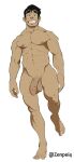  1boy abs absurdres avatar_legends bara bolin completely_nude flaccid full_body furrowed_brow girthy_penis green_eyes grin highres huge_eyebrows looking_at_viewer male_focus muscular muscular_male navel nipples nude pectorals penis sanpaku smile solo standing standing_on_one_leg stomach tachi-e tareme the_legend_of_korra thick_eyebrows uncensored zenpei 