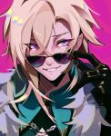  1boy absurdres adjusting_eyewear aqua_eyes aventurine_(honkai:_star_rail) black_gloves blonde_hair crossed_bangs earrings fur_trim gloves grin hair_between_eyes highres honkai:_star_rail honkai_(series) jewelry male_focus medium_hair multicolored_eyes nem_graphics pink_eyes pink_hair portrait smile solo sunglasses 