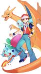  1boy absurdres backpack bag blue_eyes blue_pants brown_eyes brown_hair charizard claws colored_skin commentary fangs fire highres holding holding_poke_ball ivysaur male_focus one_eye_closed open_mouth orange_skin pants poke_ball poke_ball_(basic) pokemon pokemon_(creature) pokemon_frlg red_eyes red_hat short_hair simple_background squirtle super_smash_bros. tail v-shaped_eyebrows white_background wings yasaikakiage yellow_bag 