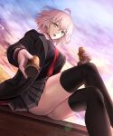  1girl absurdres ahoge blush breasts fate/grand_order fate_(series) grey_hair harukey highres jeanne_d&#039;arc_alter_(avenger)_(fate) jeanne_d&#039;arc_alter_(fate) large_breasts long_sleeves looking_at_viewer open_mouth school_uniform short_hair sitting skirt solo thighhighs thighs yellow_eyes 