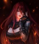  1girl arm_guards bangs breasts cleavage commission dark_background fingerless_gloves fire gloves hair_between_eyes hand_on_own_face heterochromia highres large_breasts licking_lips lips long_hair looking_at_viewer nguyen_uy_vu original parted_lips portrait red_hair scarf solo tongue tongue_out torn_clothes upper_body 