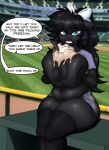 absurd_res accessory anthro areola baseball_field baseball_stadium big_breasts black_hair blue_eyes bow_ribbon breasts clenched_teeth clothing crazy_water dessert dialogue earth_pony english_text equid equine fan_character female femme_(oc) first_person_view food fur grey_body grey_fur hair hair_accessory hair_bow hair_ribbon hasbro hi_res horse ice_cream legwear long_hair looking_at_viewer mammal my_little_pony nipples pony ribbons slightly_chubby stockings teeth text thick_thighs