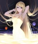  1girl absurdres armpits arms_up blonde_hair breasts closed_mouth collarbone expressionless floating_hair highres large_breasts long_hair looking_at_viewer moon navel no_nipples nude orange_eyes original shooting_star solo star_(sky) teffish very_long_hair 