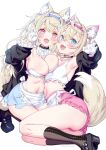  2girls absurdres animal_ear_fluff animal_ears bandaid bandaid_hair_ornament belt belt_collar black_collar blonde_hair blue_eyes blue_hair breasts cleavage collar colored_inner_animal_ears dog_ears dog_girl dog_tail frilled_shorts frills fuwawa_abyssgard hair_ornament hairband headband highres hololive hololive_english horn_hairband kamiya_maneki large_breasts long_hair looking_at_viewer mococo_abyssgard multicolored_hair multiple_girls navel open_mouth pink_belt pink_eyes pink_hair pink_hairband pink_headband shorts siblings simple_background sisters streaked_hair tail thighs twins virtual_youtuber white_background x_hair_ornament 