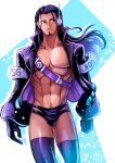  1boy abs absurdres aquiline_nose bare_pectorals black_hair bulge cowboy_shot facial_hair genderswap genderswap_(ftm) goatee headphones highres long_hair male_focus navel nico_robin nipples one_piece pectorals purple_thighhighs shuravf simple_background smile solo standing stomach thighhighs thighs toned toned_male v-taper walking 