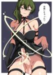  1girl absurdres arm_strap bare_shoulders belt black_belt black_dress black_gloves border breasts clothes_lift cowboy_shot dress dress_lift erection futanari gloves green_hair grin hair_between_eyes highres jitome large_breasts lifted_by_self penis purple_eyes single_glove sleeveless sleeveless_dress smile solo sousou_no_frieren speech_bubble testicles thigh_strap translation_request ubel_(sousou_no_frieren) uncensored white_border yoshiwo_senpai 