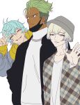  3boys anchiki_shou bad_id bad_twitter_id black_jacket black_mask blonde_hair blue_hair closed_mouth dark-skinned_male dark_skin earrings green_hair grey_hat hair_between_eyes hand_up highres jacket jewelry king_of_prism_by_prettyrhythm kisaragi_louis long_sleeves looking_at_viewer looking_to_the_side male_focus mask mask_pull mouth_mask multiple_boys necklace open_hand open_mouth peeking_out plaid plaid_jacket pretty_rhythm pretty_series purple_eyes shirt short_hair simple_background smile standing surgical_mask takadanobaba_jouji undercut upper_body v white_background white_shirt yamato_alexander yellow_eyes 