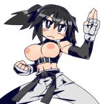  1girl belt black_belt black_eyes black_hair breasts breasts_out cannsk clenched_hand commentary_request detached_sleeves fighting_stance fingerless_gloves frown gloves grey_gloves grey_pants kurogane_arumi large_breasts midriff mma_gloves navel nipples original pants serious sleeveless sleeveless_turtleneck solo turtleneck twintails v-shaped_eyebrows 