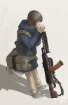  1girl absurdres attamaf866 blue_jacket brown_eyes brown_hair brown_pants full_body grey_footwear gun highres hood hooded_jacket jacket light_machine_gun original pants pouch rpk-74 shoes short_hair sneakers solo weapon 