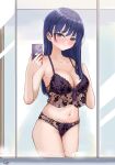  1girl blue_hair blush boku_no_kokoro_no_yabai_yatsu bow bow_bra bow_panties bra breasts brown_eyes cellphone cleavage closed_mouth collarbone cowboy_shot dark_blue_hair highres holding holding_phone lace lace_bra lace_panties large_breasts long_hair looking_at_viewer mirror mole mole_on_neck multiple_moles navel panties paso phone purple_bra purple_panties reflection selfie signature solo taking_picture underwear underwear_only yamada_anna 