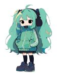  1girl ahoge alternate_costume aqua_hair aqua_jacket black_eyes black_footwear black_socks commentary empty_eyes expressionless full_body hands_in_pockets hatsune_miku headphones highres jacket kneehighs long_hair long_sleeves looking_at_viewer miku_day mochu_(aoishikabane) parted_lips shoes sidelocks simple_background socks solo standing very_long_hair vocaloid white_background 