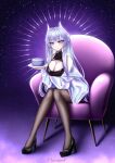  1girl absurdres armchair breasts cake chair earrings food high_heels highres horns jacket jewelry long_hair moovalandi pantyhose purple_eyes purple_hair ringeko_(ringeko-chan) thighhighs white_jacket 