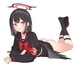  1girl :o armband ass black_choker black_hair black_serafuku black_socks black_wings blue_archive blush bow bowtie choker crossed_ankles feathered_wings feet feet_up halo kneehighs legs_up long_sleeves looking_at_viewer lying mashiro_(blue_archive) miniskirt no_panties on_stomach popqn purple_eyes red_armband red_bow red_bowtie school_uniform serafuku short_hair simple_background skirt socks solo the_pose white_background wings 
