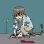  1girl blood blood_on_ground blue_eyes blue_shirt blue_sky brown_hair brown_pants character_request closed_mouth copyright_request eel full_body furrowed_brow highres pants shirt shoes short_hair short_sleeves sky solo squatting stab t-shirt tsukumizu_yuu 
