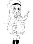  1girl bag blush bow bowtie bright_pupils cabbie_hat commentary_request dress feet_out_of_frame greyscale hair_between_eyes hat highres kneehighs long_hair long_sleeves looking_at_viewer mochu_(aoishikabane) monochrome original parted_lips shoulder_bag sidelocks simple_background socks solo standing very_long_hair white_background 