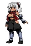  1girl areola_slip arm_guards black_pants cannsk commentary_request elbow_gloves fingerless_gloves full_body gloves grey_hair high-waist_pants navel original pants red_eyes red_scarf scarf scarf_over_breasts shin_guards side_slit solo twintails v-shaped_eyebrows 
