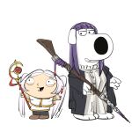  2boys black_robe brian_griffin capelet cosplay dog dress earrings family_guy fern_(sousou_no_frieren) fern_(sousou_no_frieren)_(cosplay) frieren frieren_(cosplay) highres holding holding_staff jewelry long_hair mage_staff multiple_boys puppybitch purple_hair robe simple_background skirt sousou_no_frieren staff stewie_griffin twintails white_background white_capelet white_dress white_hair white_skirt 
