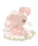  alternate_color animal_focus brown_fur buneary closed_mouth commentary_request flower mkt_(buizu-miki) no_humans on_grass pokemon pokemon_(creature) rabbit shiny_pokemon simple_background sitting white_background white_flower 