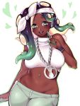  1girl arm_at_side bare_arms bare_shoulders black_hair breasts cephalopod_eyes crop_top cropped_sweater dark_skin eyebrows_visible_through_hair eyes_visible_through_hair fangs green_eyes green_hair green_skin groin hand_up headband headphones heart highres iida_(splatoon) index_finger_raised inioli jewelry lips long_hair looking_at_viewer lowleg lowleg_pants medium_breasts midriff mole mole_under_mouth multicolored multicolored_hair multicolored_skin navel navel_piercing octarian open_mouth pants pendant piercing pink_pupils sleeveless_sweater smile solo sparkle splatoon_(series) splatoon_2 stomach suction_cups sweater tentacle_hair turtleneck turtleneck_sweater upper_body wristband 