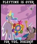 chimera discord_(mlp) draconequus elements_of_harmony equid equine ethereal_hand female friendship_is_magic gor1ck gun handgun hasbro horn magic male mammal my_little_pony mythological_creature mythological_equine mythology princess_celestia_(mlp) quadruped_to_biped ranged_weapon standing weapon winged_unicorn wings