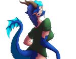  2019 asian_mythology blue_hair breasts butt clothing dragon east_asian_mythology eastern_dragon female hair horn human_to_anthro mythology sekri_(viridri2000) shirt simple_background solo species_transformation surprise tomek1000 topwear transformation white_background 