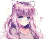  1girl :t animal_ears arms_at_sides artist_name blue_eyes blush cat_ears collarbone colored_eyelashes english_commentary fake_animal_ears grey_shirt heart long_hair messy_hair original purple_hair sasucchi95 shirt solo sparkle upper_body white_background 