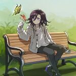  1boy alternate_costume bench black_hair brown_pants bug bush butterfly danganronpa_(series) danganronpa_v3:_killing_harmony expressionless hair_between_eyes holding holding_phone hood hood_down jacket kumakoro_(tetsupag) looking_at_animal oma_kokichi open_clothes open_jacket outdoors pants phone pink_eyes shirt shoes solo striped_clothes striped_shirt 