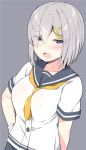  1girl bangs blue_eyes blush breasts buttons eyebrows_visible_through_hair gloves hair_between_eyes hair_ornament hair_over_one_eye half-closed_eyes hamakaze_(kantai_collection) hand_on_hip highres kanaka_(kananan0910828) kantai_collection looking_at_viewer open_mouth school_uniform serafuku short_hair short_sleeves silver_hair simple_background skirt solo white_gloves yellow_neckwear 