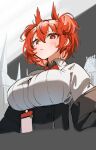  1girl arknights black_jacket breasts bright_pupils ert_raitsui fiammetta_(arknights) from_below highres jacket large_breasts red_eyes red_hair shirt sketch white_pupils white_shirt 