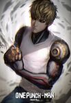  1boy artist_name black_sclera blonde_hair closed_mouth colored_sclera commentary cyborg english_commentary english_text genos greenteaa looking_at_viewer male_focus one-punch_man short_hair solo yellow_eyes 