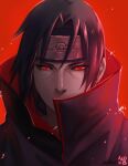  1boy black_hair black_jacket collared_jacket covered_mouth facing_viewer headband jacket konohagakure_symbol looking_at_viewer male_focus multicolored_clothes multicolored_jacket naruto_(series) portrait red_background red_eyes red_theme sharingan shed1228 signature solo uchiha_itachi 