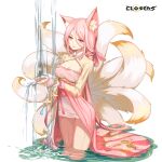  1girl alternate_hair_color animal_ear_fluff animal_ears bai_winchester breasts cleavage cleavage_cutout closers clothing_cutout copyright_name cowboy_shot dress fox_ears fox_girl fox_tail heterochromia highres kitsune kyuubi large_breasts layered_dress logo long_hair long_sleeves looking_down low_ponytail multiple_tails official_art parted_lips pink_dress pink_eyes pink_hair purple_eyes see-through see-through_sleeves solo standing tail two-tone_dress very_long_hair wading washing_hands water waterfall wet wet_clothes white_background yellow_dress yellow_sleeves yellow_tail 