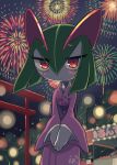  blush colored_skin fireworks green_hair highres horns ino_(tellu0120) japanese_clothes kimono kirlia looking_at_viewer pink_eyes pink_kimono pokemon pokemon_(creature) sidelocks smile torii v_arms white_skin 