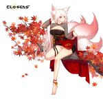  1girl adjusting_hair alternate_hair_color animal_ear_fluff animal_ears autumn_leaves barefoot black_dress branch breasts bright_pupils cleavage cleavage_cutout closed_mouth closers clothing_cutout dress falling_leaves fingernails fox_ears fox_girl fox_tail full_body hand_up highres kitsune kyuubi large_breasts layered_dress leaf long_fingernails long_hair long_sleeves looking_to_the_side low_ponytail maple_leaf mirae_(closers) multiple_tails official_art on_branch pink_tail pinky_out red_dress red_eyes see-through see-through_sleeves short_dress sitting sitting_on_branch skirt_hold solo tail two-tone_dress white_background white_hair white_pupils 
