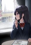  1girl black_hair black_vest blue_jacket blush bow cityscape drawing_tablet hand_on_table highres holding holding_pen indoors jacket keiyo_earth lamppost long_hair looking_outside original pen purple_eyes red_bow school_uniform shirt solo uniform vest white_shirt window 