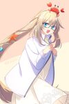  1girl blue_eyes blush breasts crab dress echo_(circa) fate/grand_order fate_(series) glasses jacket long_hair long_sleeves looking_at_viewer marie_antoinette_(fate) marie_antoinette_(swimsuit_caster)_(fate) medium_breasts open_mouth sidelocks smile solo twintails very_long_hair white_dress white_hair white_jacket 