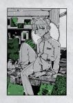 1boy absurdres border canvas_(object) commission greyscale highres jacket knee_up limited_palette looking_at_viewer male_focus monochrome on_table original painting_(object) pants picture_frame seishoobi shoes short_twintails sitting skeb_commission sneakers solo spot_color table track_jacket track_pants track_suit turtleneck turtleneck_jacket twintails window window_shadow 