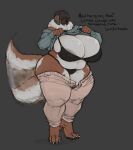 anthro big_breasts bottomwear bottomwear_down bra breast_squish breasts brown_body brown_fur canid canine canis claws clothed clothing curvy_figure dialogue domestic_dog female floppy_ears fur hair hi_res huge_breasts hyper hyper_breasts mammal millie_(jezzlen) muffin_top neck_tuft overweight overweight_anthro overweight_female panties pants pants_down partially_clothed s_miles_art short_hair simple_background solo squish thick_thighs toe_claws tuft underwear undressing voluptuous_anthro voluptuous_female wide_hips