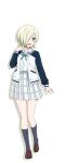  1girl black_sleeves black_socks blonde_hair brown_footwear collared_shirt full_body green_ribbon hair_over_one_eye jacket kneehighs loafers long_sleeves looking_at_viewer love_live! love_live!_nijigasaki_high_school_idol_club mia_taylor neck_ribbon nijigasaki_academy_school_uniform official_art one_eye_covered open_clothes open_jacket open_mouth plaid plaid_skirt pleated_skirt purple_eyes ribbon school_uniform shirt shoes short_hair skirt socks solo standing standing_on_one_leg transparent_background white_jacket white_shirt white_skirt winter_uniform 