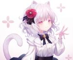  animal_ears bell bow catgirl cropped kyubi lolita_fashion original pink_eyes shirt short_hair skirt tail white white_hair 