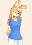 anthro blonde_hair blue_dress_shirt clothed clothing dress_shirt eyebrows eyelashes eyes_closed female fully_clothed fur hair hand_behind_back hi_res lagomorph leporid long_hair magicalbun mammal multicolored_body multicolored_fur rabbit rabbit_ears scut_tail shirt short_tail simple_background solo solo_focus standing sunny_(magicalbun) tail topwear white_background white_body white_fur yellow_body yellow_fur