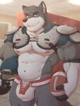 abs acephlosion anthro athletic biceps big_bulge blue_eyes bodily_fluids broad_shoulders bulge canid canine canis clothing drawstring football_gear football_helmet football_player hi_res himbo holding_object jock jockstrap jockstrap_bulge kyash-tyur locker_room looking_at_viewer male mammal muscular nipples pecs solo sports_pads sportswear sweat thick_arms thick_neck thick_thighs underwear wolf