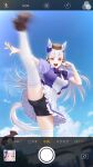  1girl absurdres animal_ears bike_shorts blue_sky bow breasts brown_footwear cloud cloudy_sky flying_kick full_body gold_ship_(umamusume) hair_bow hat highres horse_ears horse_girl horse_tail kicking long_hair motion_blur open_mouth outdoors purple_bow purple_eyes shoes skirt sky solo tail teeth thighhighs ugohato umamusume underwear upper_teeth_only white_hair white_skirt white_thighhighs 