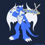 2017 3_fingers abs anthro bandai_namco belly big_claws blue_body claws digimon digimon_(species) dragon exveemon featureless_crotch fingers hi_res holding_object holding_weapon horn keyblade keychain kingdom_hearts male markings melee_weapon mythological_creature mythological_scalie mythology noki001 pecs red_eyes scalie simple_background solo square_enix standing sword tail weapon white_belly white_wings wings