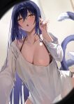  1girl absurdres baggy_clothes blue_hair bra_visible_through_clothes earrings hair_between_eyes highres jewelry kuro_(rudyan0128) long_hair multiple_tails original pointy_ears tail two_tails very_long_hair yellow_eyes 
