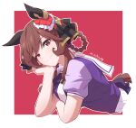  1girl animal_ears bow braided_hair_rings closed_mouth commentary_request ear_covers gentildonna_(umamusume) head_rest horse_ears horse_girl long_hair mukakin puffy_short_sleeves puffy_sleeves purple_bow purple_shirt red_background red_eyes sailor_collar school_uniform shirt short_sleeves smile summer_uniform tracen_school_uniform two-tone_background umamusume upper_body white_background 