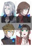  1girl 3boys aerith_gainsborough aqua_eyes armor black_coat black_gloves black_shirt blonde_hair blue_butterfly blue_eyes border brown_hair bug butterfly butterfly_on_hand choker closed_mouth cloud_strife coat crisis_core_final_fantasy_vii dangle_earrings dress earrings final_fantasy final_fantasy_vii final_fantasy_vii_rebirth final_fantasy_vii_remake flower_choker genesis_rhapsodos gloves gongju_s2 green_eyes grey_hair hair_between_eyes hair_ribbon highres jacket jewelry long_bangs long_hair multiple_boys open_mouth parted_bangs parted_lips pink_dress pink_ribbon portrait red_coat red_jacket ribbon sephiroth shirt short_hair shoulder_armor single_bare_shoulder single_shoulder_pad sleeveless sleeveless_turtleneck slit_pupils smile spiked_hair suspenders turtleneck white_background white_border 