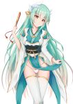  1girl absurdres aqua_hair ass_visible_through_thighs dragon_girl dragon_horns fan fate/grand_order fate_(series) folding_fan highres holding holding_fan horns japanese_clothes kiyohime_(fate/grand_order) long_hair obi panties sash simple_background solo standing thighhighs tming underwear white_background white_legwear white_panties wide_sleeves yellow_eyes 
