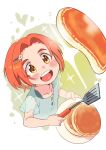  1girl :d blue_shirt food hair_ornament hairclip holding holding_plate holding_spatula idolmaster idolmaster_cinderella_girls looking_up orange_hair pancake plate ryuzaki_kaoru s0h7i1m9e shirt short_hair short_sleeves smile solo sparkling_eyes spatula twitter_username yellow_eyes 